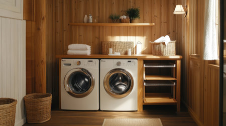 A small yet functional laundry room with a washer, dryer, and pull-out drying rack, featuring natural wood and soft lighting.の素材