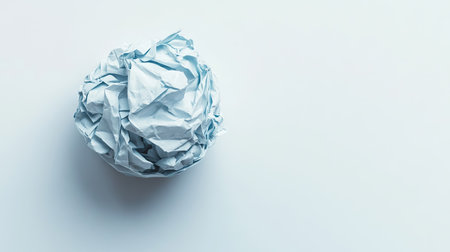 A single crumpled ball of paper placed in the center of a bright white background, symbolizing a failed attempt.の素材