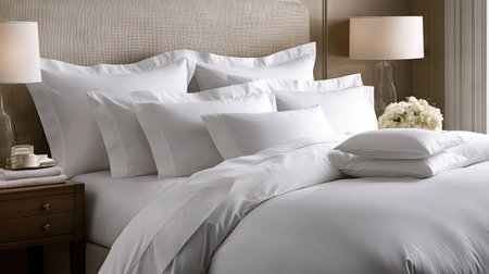 A perfectly arranged hotel bed with multiple white pillows, crisp sheets, and warm bedside lighting.の素材