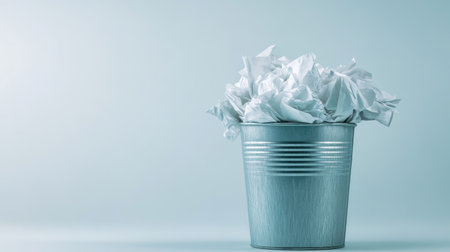 A studio shot of a full trash can with crumpled paper spilling over, against a simple and clean background.の素材