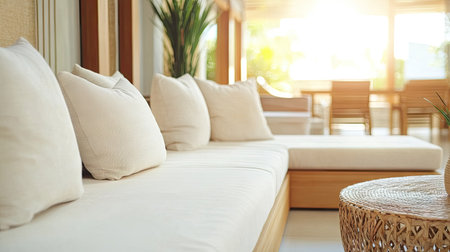 A soft cream-colored sectional sofa with oversized cushions, placed in a bright, airy living room with wooden accents.の素材