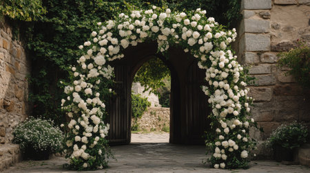 A stunning wedding arch completely covered in white roses and green vines, standing in a historic castle courtyard.の素材
