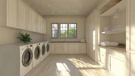 A spacious laundry room with dual washing machines, large cabinets, and a folding station with stylish decor elements.の素材