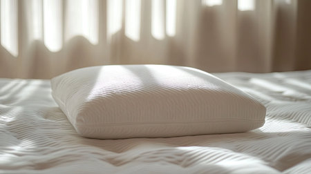A premium-quality white pillow resting on a plush mattress with smooth, wrinkle-free sheets.の素材