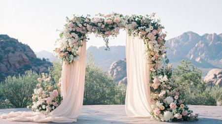 A romantic wedding arch draped in blush-colored flowers and silk fabric, placed in front of a picturesque mountain backdrop.の素材