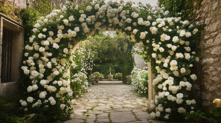 A stunning wedding arch completely covered in white roses and green vines, standing in a historic castle courtyard.の素材