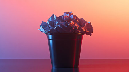 A studio-lit scene featuring a black wastebasket full of wrinkled paper, against a smooth gradient background.の素材