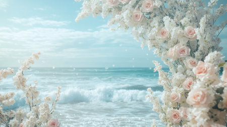 A romantic wedding arch covered in white and pink flowers, set against a serene beach backdrop with waves gently crashing in the distance.の素材
