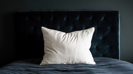 A soft white pillow resting against a dark velvet headboard, creating a contrast of textures.の素材