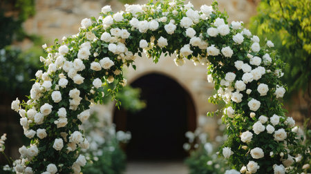 A stunning wedding arch completely covered in white roses and green vines, standing in a historic castle courtyard.の素材