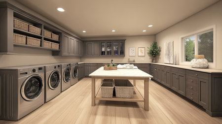 A spacious laundry room with an island folding table, large cabinets, and a row of modern front-loading washing machines.の素材