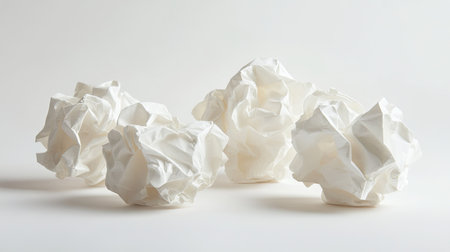 A studio shot of several crumpled white paper balls, each with unique folds and creases, on a neutral white background.の素材