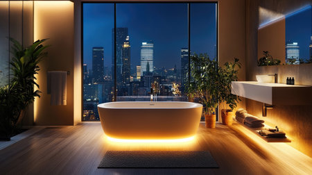 A sophisticated bathroom with a freestanding oval tub, mood lighting, and a large window offering a city skyline view.の素材