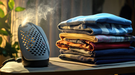 A steam iron heating up on an ironing board, with a neatly stacked pile of formal and casual clothes waiting to be pressed.の素材