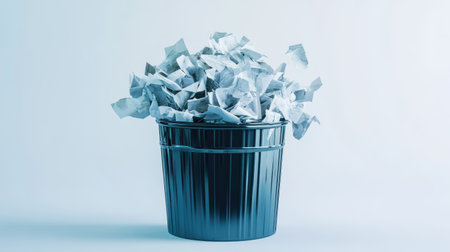 A symbolic image of a trash can filled with paper waste, signifying abandoned ideas, placed against a bright white backdrop.の素材