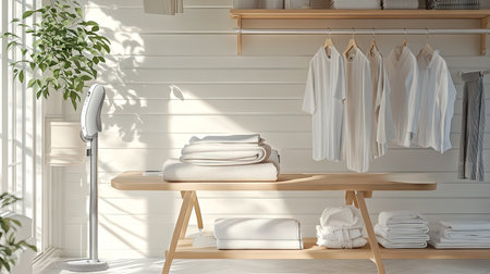 A stylish home interior with an ironing board, an advanced steam iron, and a well-folded stack of clothes ready for storage.の素材