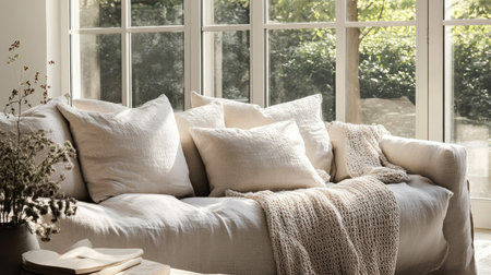A soft linen sofa with neutral-toned cushions, styled with a cozy knit throw, placed in a sunlit room with large windows.の素材