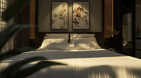 A stylish, contemporary bedroom featuring a comfortable bed with luxurious white pillows and elegant decor.の素材
