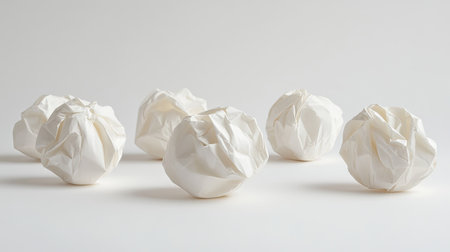 A studio shot of several crumpled white paper balls, each with unique folds and creases, on a neutral white background.の素材