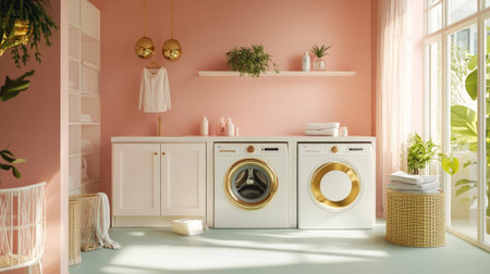 A trendy laundry space with pastel-colored walls, stylish gold accents, and a modern washer and dryer set.の素材