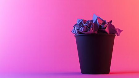 A studio-lit scene featuring a black wastebasket full of wrinkled paper, against a smooth gradient background.の素材