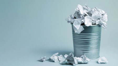 A studio shot of a full trash can with crumpled paper spilling over, against a simple and clean background.の素材