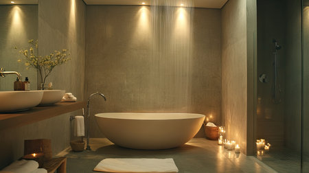 A spa-like bathroom retreat with a freestanding tub, soft candles, and a rain shower nearby.の素材