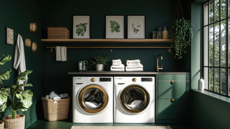 A trendy laundry space with dark green walls, gold hardware, and a washer and dryer set tucked beneath floating shelves.の素材