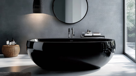 A stylish modern bathroom with a black freestanding tub, large round mirror, and sleek decor.の素材