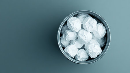 A top-down view of a trash can stuffed with white paper balls, positioned against a plain background.の素材