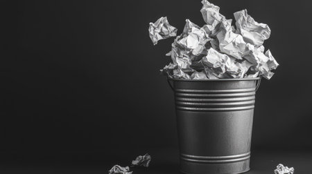 A symbolic representation of failure, showing a trash can full of crumpled paper on a monochrome background.の素材
