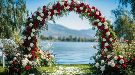 A traditional wedding arch covered in red and white roses, standing at the entrance of a scenic lakeside ceremony space.の素材