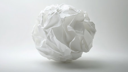A textured, wrinkled ball of white paper, captured in high detail against a white background.の素材