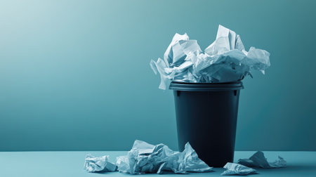 A modern minimalist image of a full trash bin with excess crumpled papers lying around, set against a sleek background.の素材