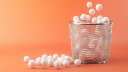 A metal mesh trash bin with paper balls spilling out, set against a neutral gradient background.の素材