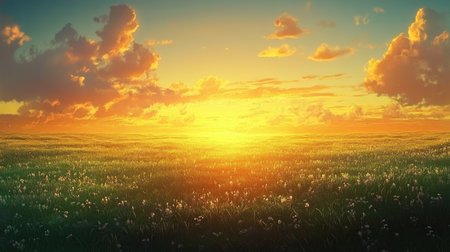 A mesmerizing sunset over a vast, open field, where the golden light reflects off the fresh green grass, creating a dreamy atmosphere.の素材