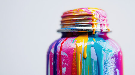 A close-up of a vibrant spray paint can with paint dripping down the nozzle, set against a white background.の素材