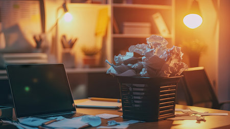 A messy office scene with a wastebasket overflowing with crumpled paper, placed in front of a soft-lit background.の素材
