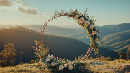 A simple yet elegant wedding arch with a circular frame, wrapped in roses and eucalyptus, placed on a scenic mountaintop.の素材