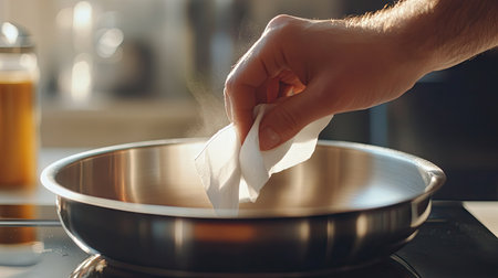 A person carefully wiping the surface of a stainless steel frying pan with a dry paper napkin in a bright kitchen.の素材