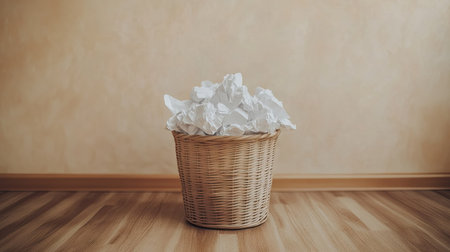 A small wastebasket full of crumpled white paper, placed on a wooden floor with a soft-colored backdrop.の素材