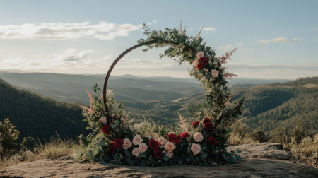 A simple yet elegant wedding arch with a circular frame, wrapped in roses and eucalyptus, placed on a scenic mountaintop.の素材