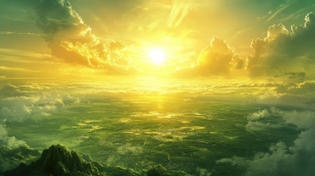 A picturesque golden sunset over a vast green landscape, with the sun's rays filtering through wispy clouds, creating a stunning natural masterpiece.の素材