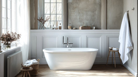 A small yet stylish bathroom with a space-saving tub, chic decor, and smart storage solutions.の素材