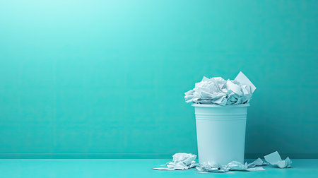 A modern minimalist image of a full trash bin with excess crumpled papers lying around, set against a sleek background.の素材