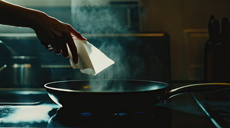 A minimalist kitchen scene with a hand using a white paper napkin to polish a frying pan.の素材