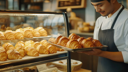 A baker placing a tray of freshly baked croissants into a display case in a warm and welcoming bakery settingの素材