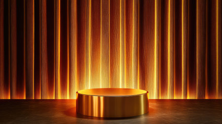 A golden pedestal positioned in front of a velvet backdrop, showcasing a luxury product with sophisticated lighting.の素材
