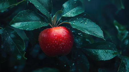 A freshly harvested red apple nestled in green leaves, dew droplets reflecting light.の素材