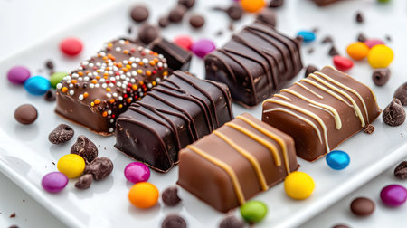 Assorted chocolate bars in different flavors, placed on a white plate with vibrant candy sprinkles and chocolate drizzlesの素材